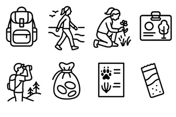 Outdoor Activity Icons. Nature Recreation Set linear set: day hike pack, shoreline stroll, meadow flower pick, tree ID card, hilltop lookout, pebble collecting pouch, wildlife