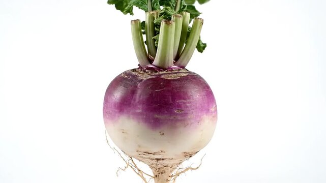 A single turnip with green leafy tops and root system, isolated on white