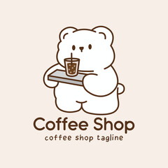 Charming coffee logo featuring bear mascot serving iced coffee on tray. Cute illustration with minimalist style for cafe and beverage branding.