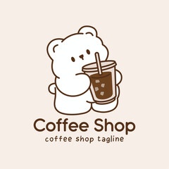 Cute coffee logo featuring bear mascot holding large iced coffee cup. Charming minimalist line art for cafe shop and beverage branding.