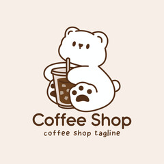 Charming coffee logo featuring bear mascot hugging large iced coffee cup. Cute illustration with minimalist style for cafe and beverage branding.