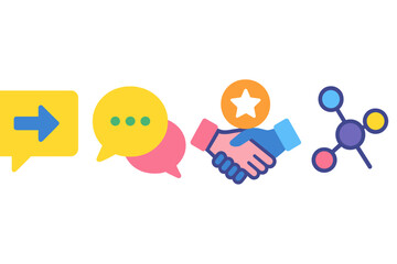 Collaborative Communication Icons. Collaborative Communication Steps flat set: guidance-prompt tile, constructive-reply bead, trust-building node.