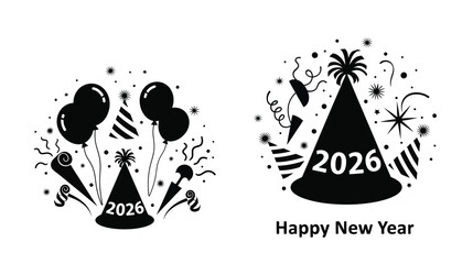 Festive new year celebration with balloons party hats and confetti design