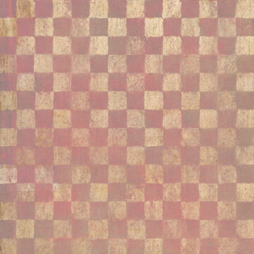 Hand painted red and gold vintage style chequerboard pattern. Not seamless. Checkerboard textured pattern with geometric squares. Vintage style background.