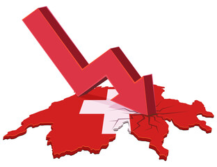 Switzerland map (flag colors) cracked by a giant red arrow plunging downward. Concept for economic crisis, recession, or financial shock in Europe. (cut out)
