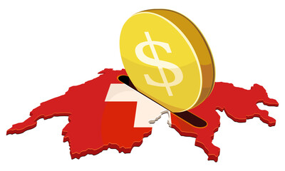 Switzerland flag map acting as a piggy bank receiving a giant golden dollar coin. Concept for foreign investment, Swiss finance, or taxation. (cut out)