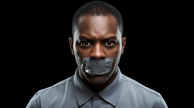African-American man removing tape from mouth on dark background. Stop racism