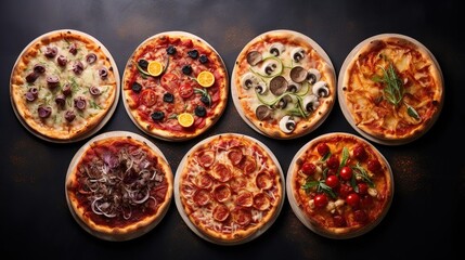 lots of Italian pizza slices with different fillings on a black background. a variety of tastes. an advertisement for a pizzeria cafe