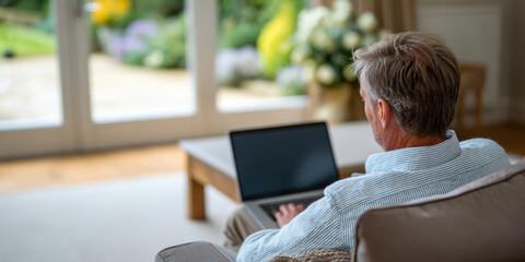 Middle-aged man working on laptop while sitting on sofa in bright living room with garden view through glass doors