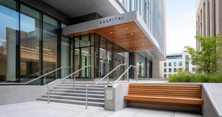 Modern hospital entrance with glass facade, concrete stairs, metal railings, and wooden bench in urban healthcare facility exterior