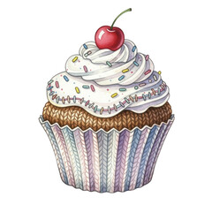 Watercolor Knitted Cupcake with Cherry and Sprinkles isolated on a transparent background