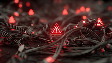 Chaotic ethernet cables with glowing red warning signs - conceptual digital art for technology issues