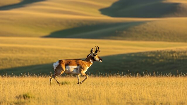 Majestic Pronghorn Antelope Galloping Through Golden Grasslands &ndash; Wildlife Photography