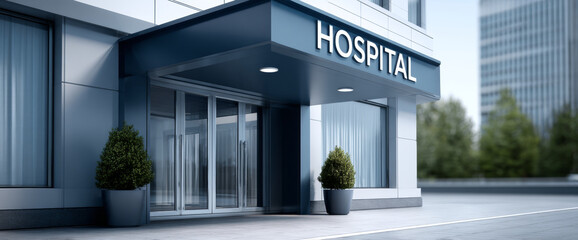 Modern hospital entrance with glass doors and potted plants in urban setting under clear daylight