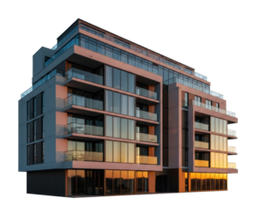 Modern apartment building at sunset urban environment architecture isolated on transparent background