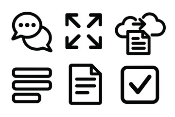 Brutalistic Team Icons. Team Communication Set silhouette set: group chat bubbles, coordination arrows, task handoff icon, status update board, collaboration cloud, aligned speech