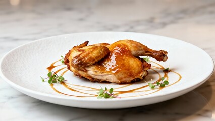 Gourmet Roasted Half Chicken Glazed with Teriyaki Sauce and Microgreens on a White Plate