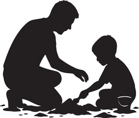  father and son playing in the sand silhouette vector