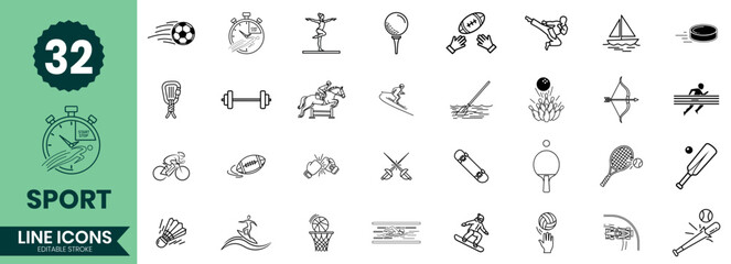 Sport Line Icons Set Fitness, Games, Athletics, Outdoor Activities, Exercise, Competition Minimal Line Art Pack