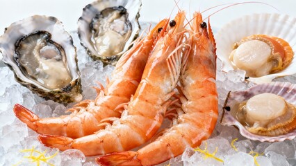 Fresh Assortment of Seafood on Crushed Ice, Featuring Oysters, Prawns, and Scallops