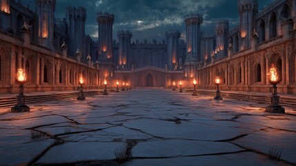 Ancient Torchlit Castle Courtyard at Dusk