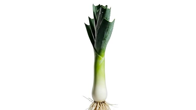 A single leek, a versatile vegetable, isolated on a white background, studio shot