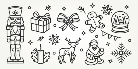 christmas and winter elements line art set icons design. christmas background of santa, deer, nutcracker, snowball design elements