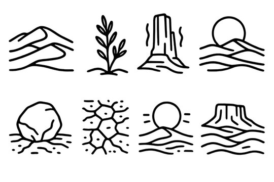 Dune Wilderness Icons. Dune Wilderness Set linear set: rolling dune hills, desert shrub sprig, sandstone pillar, heat shimmer lines, solitary boulder, sunset disk, arid ground
