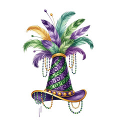Watercolor Mardi Gras Hat with Feathers and Beads isolated on a transparent background