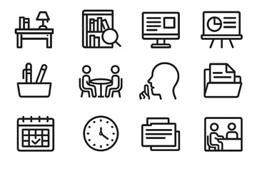 Academic Icons Grid. Scholarly Environment Icons linear set: library desk, research shelf, study monitor, seminar board, learning tools tray, discussion table, quiet-study icon,