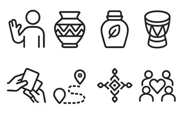 Cultural Sharing Icons. Cultural sharing icons linear set: welcome gesture, handcrafted pottery, regional spice jar, folk music drum, exchange card, travel path, cultural motif,