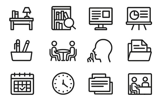 Academic Icons Grid. Scholarly Environment Icons linear set: library desk, research shelf, study monitor, seminar board, learning tools tray, discussion table, quiet-study icon,
