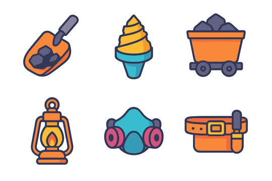 Mining Icons Set. Mining Operations Kit isometric flat set: ore scoop, drill bit, mining cart, lantern icon, dust mask, tool belt.