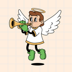 Retro Cartoon Angel Character Playing Golden Trumpet or Horn