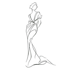 Graceful minimalist line art of a woman wearing an elegant flowing gown, ideal for fashion design, beauty branding, event graphics, posters or modern décor