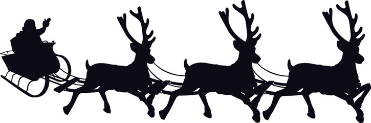Vector silhouette of Santa Claus in a sleigh pulled by three reindeer isolated on a white background