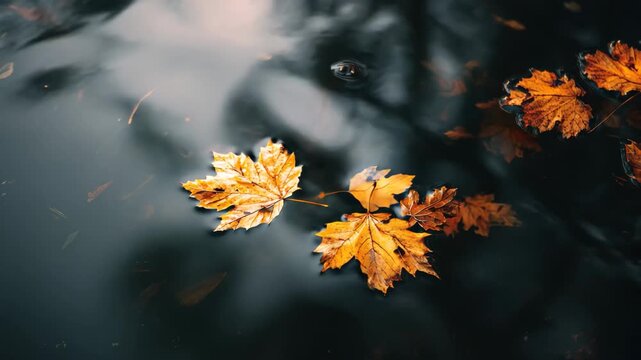 Golden autumn leaves floating gently on the surface of a dark, reflective water body during a calm fall afternoon