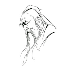 Detailed line art portrait of an elderly man with long flowing beard and calm expression, ideal for philosophy themes, books, décor, branding or editorial design