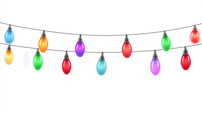 Christmas light garlands isolated on white background. Christmas tree string lights with multicolored bulbs. Christmas decorative illumination