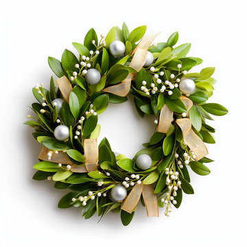 Christmas mistletoe wreath isolated on white background. Round viscum branches wreath decorated with white berries and gold ribbon