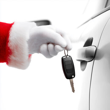 Santa Claus holds car key fob in his hand. Santa's gloved hand opens lock on gray vehicle door with black key. Close-up side view, isolated on white background