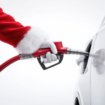 Santa Claus holds red fuel pump nozzle. Santa's gloved hand inserts gasoline gun into car's fuel tank. Close-up side view, isolated on white background