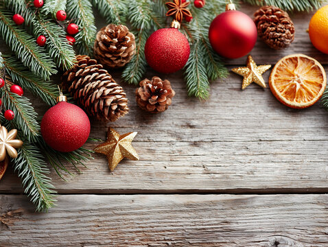 Christmas tree branch with pine cones and baubles on wooden background. Christmas background with decorated fir twig, dried orange slices and star anise. Holiday design with copy space, flat lay style