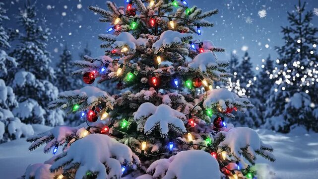 Close up of a christmas tree covered in snow with colorful string lights outdoors in a winter forest at night christmas tree lights
