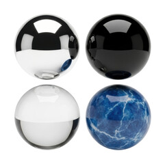 Reflective glass orbs on white surface still life isolated on transparent background