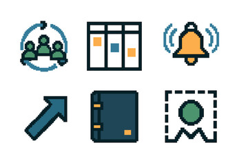 Operational Icons Set. Operational Coordination Set pixel style set: team sync circle, task allocation board, resource ledger, timing beacon, area boundary line, dispatch arrow,