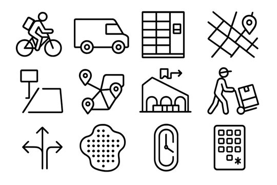 Urban Delivery Icons. Urban Delivery Systems linear set: bike courier, small van, parcel locker, city route grid, curbside drop zone, multi-stop route icon, micro-fulfillment hub,