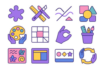 Artistic Team Synergy Icons. Artistic Team Synergy isometric flat set: paint splash icon, mixed-media tools, sketch lines, shape cutouts, collaborative palette, design grid,