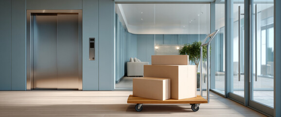 Stack of cardboard boxes on a wooden trolley in a modern lobby near elevator and glass doors