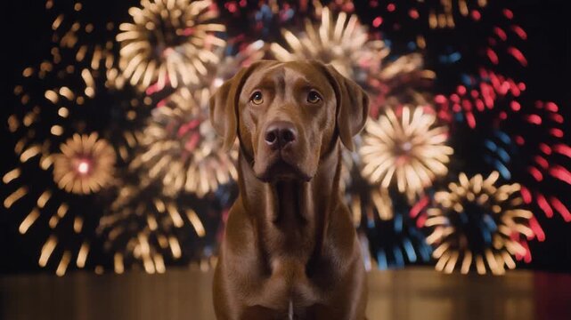 Close up dog looking at camera with bright fireworks with blur behind him